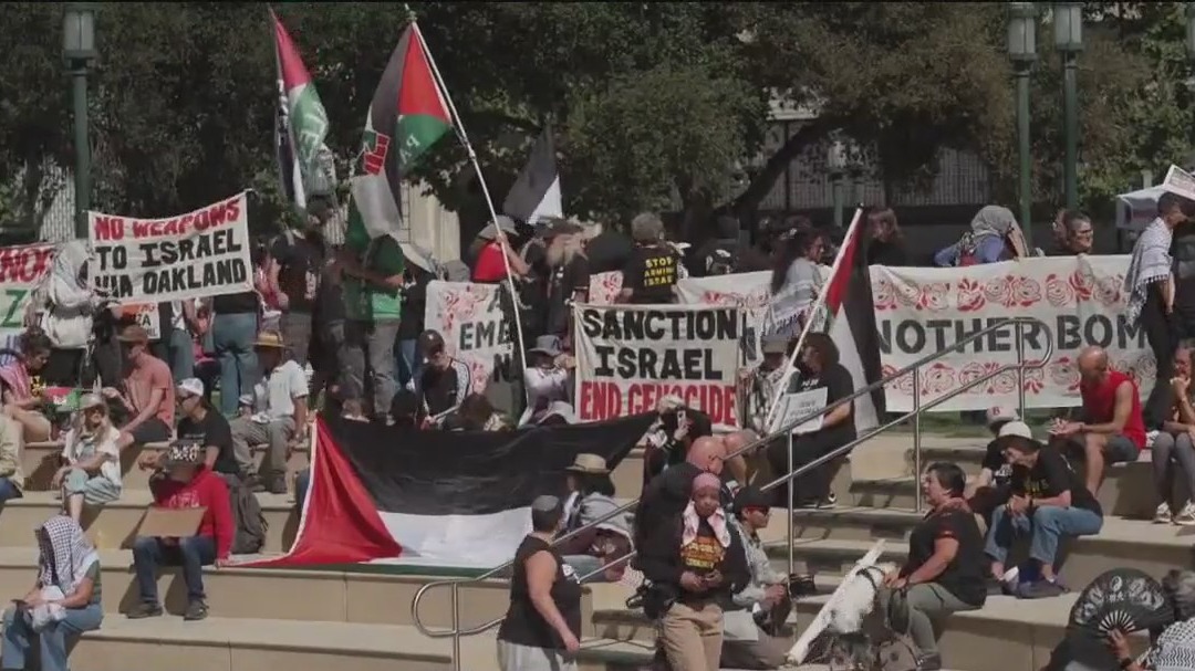Pro-Palestinian activists demonstrate in Oakland's Frank Ogawa Plaza