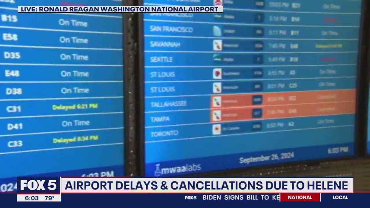 DMV airport travel delays and cancellations due to Helene