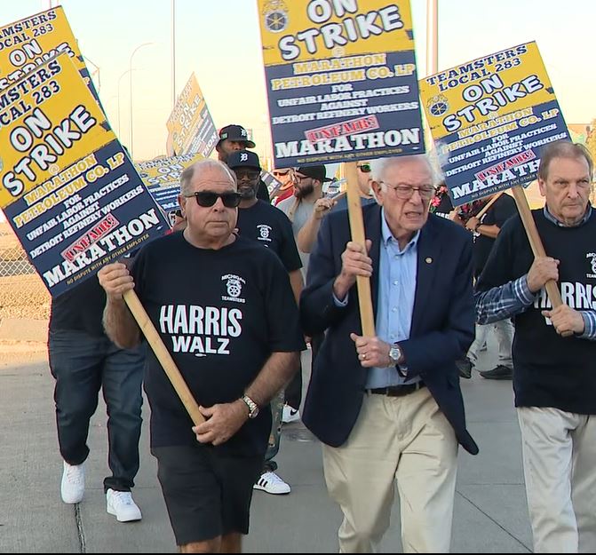 Bernie Sanders walks the picket line at Marathon Refinery