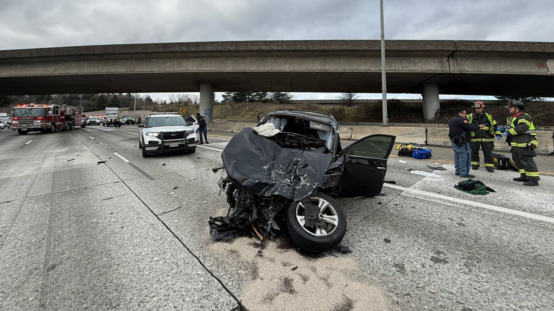 Press conference after car goes off SR 599 overpass in deadly crash