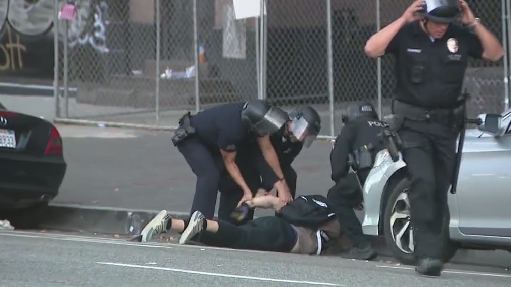 Police arrest protester in downtown Los Angeles