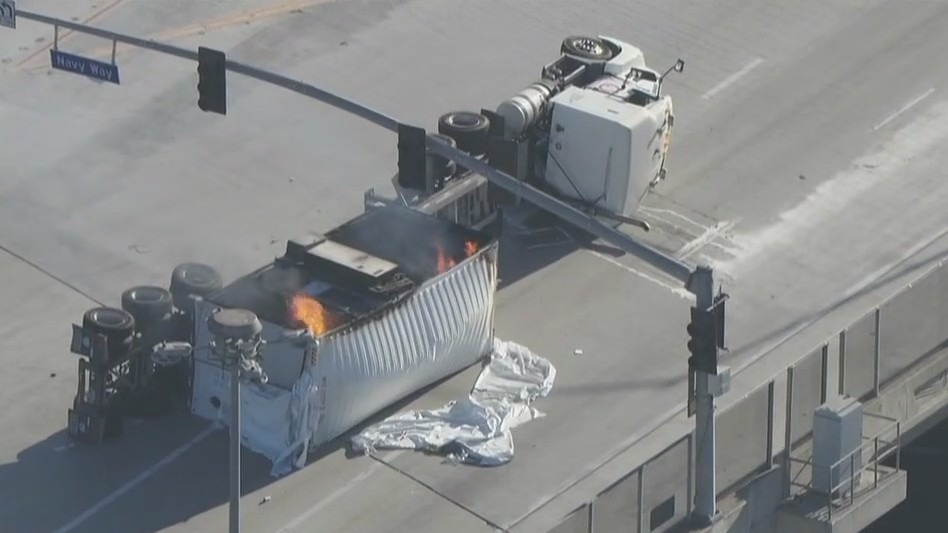 Big rig flips in San Pedro, causing traffic backup
