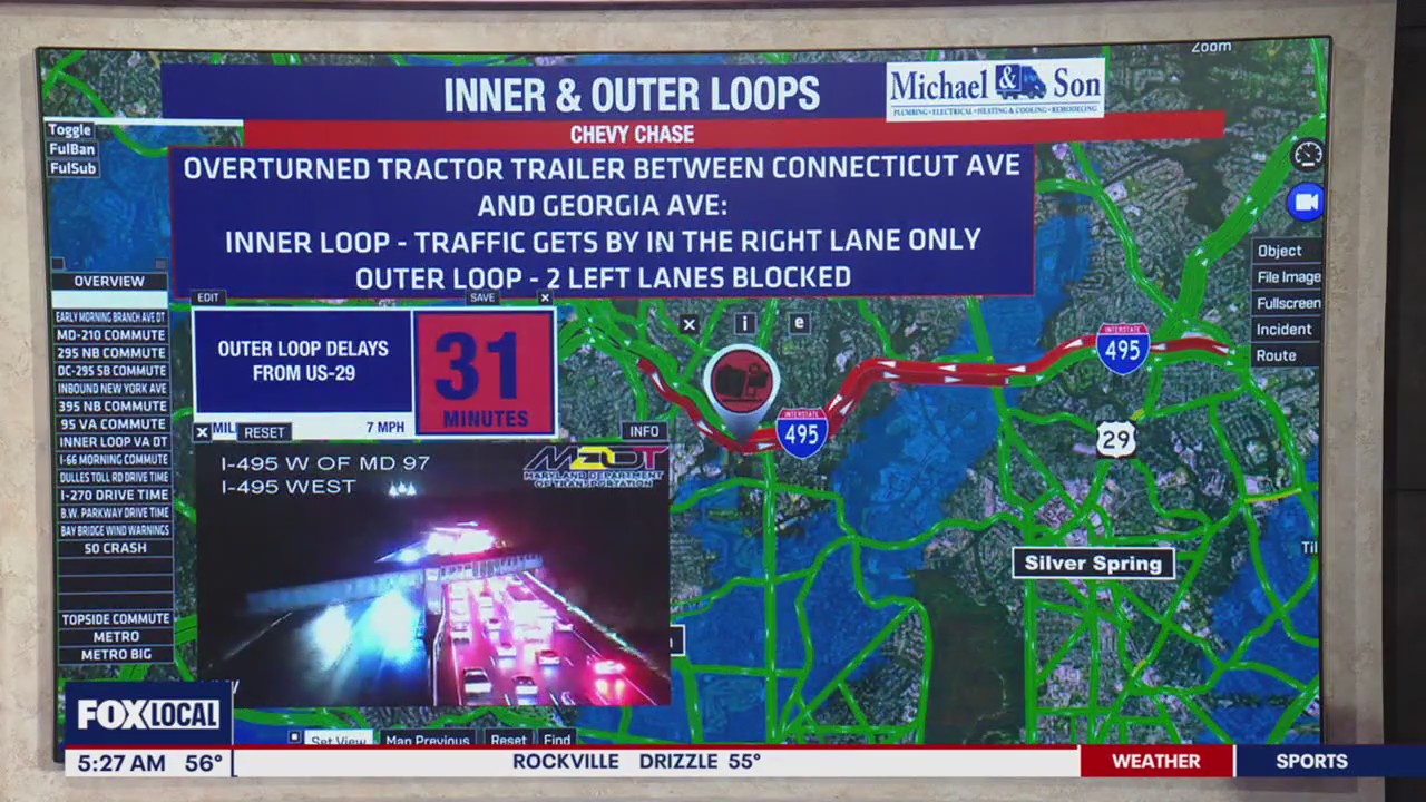 I-495 delays after tractor-trailer overturns in Chevy Chase