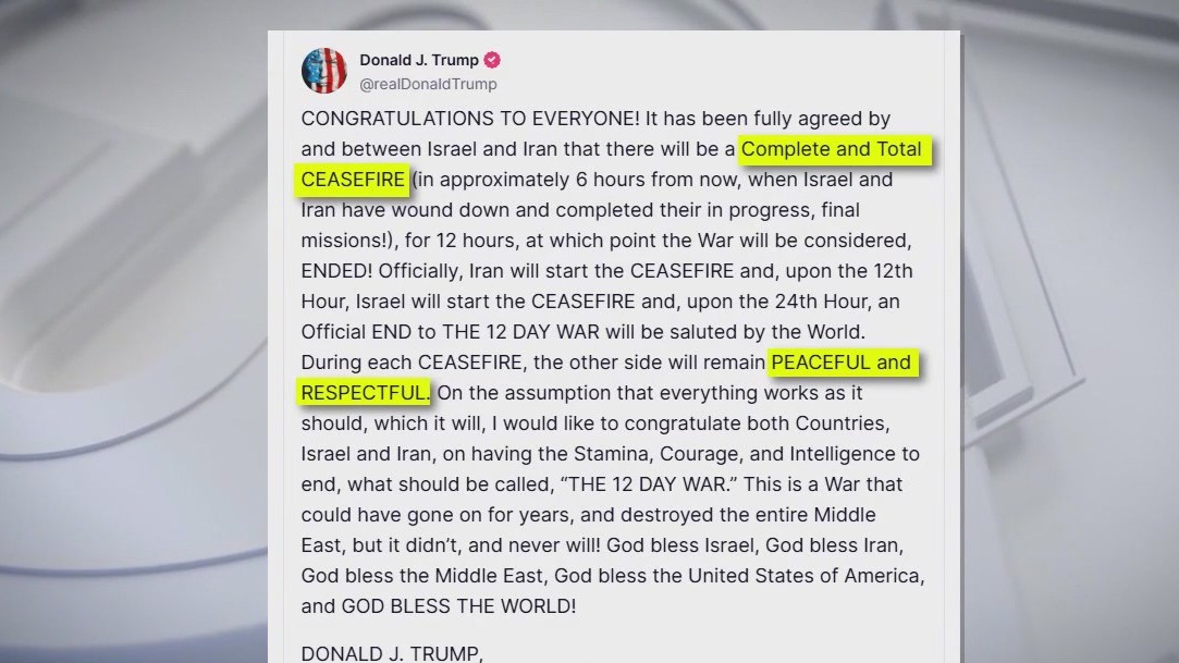 Trump announces ceasefire between Israel and Iran