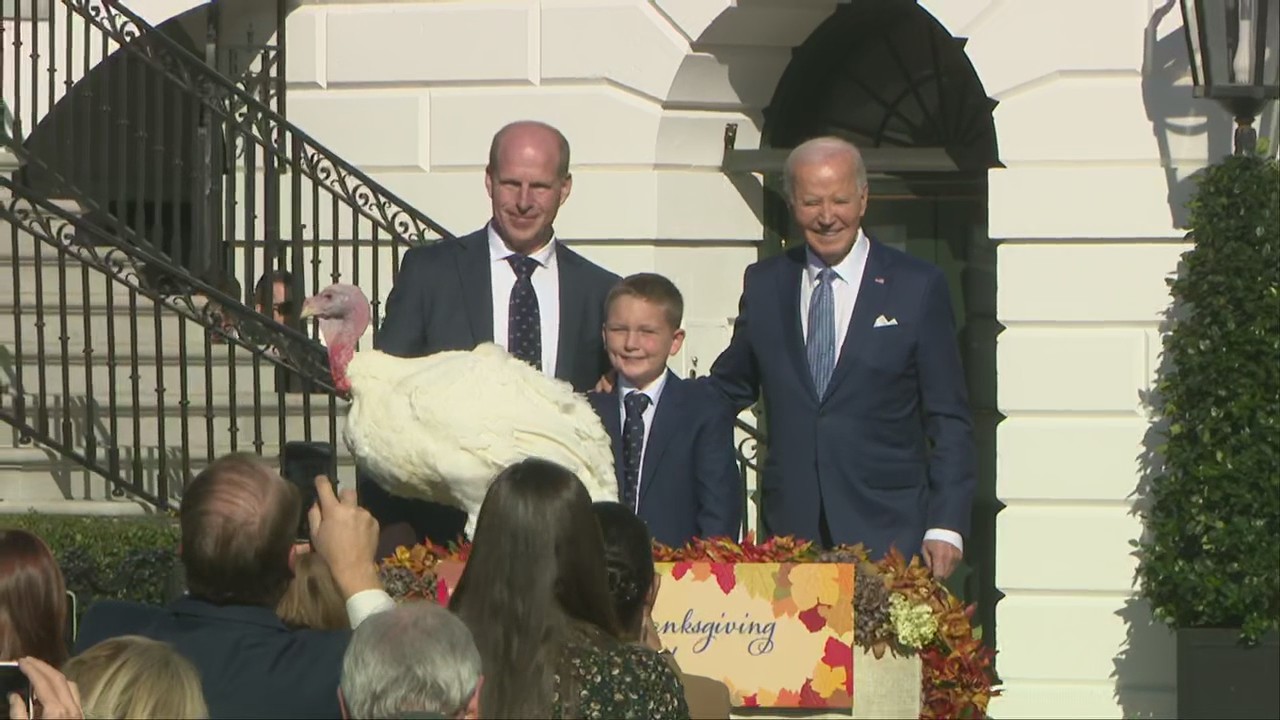 Biden pardons Thanksgiving turkeys Peach and Blossom at the White House