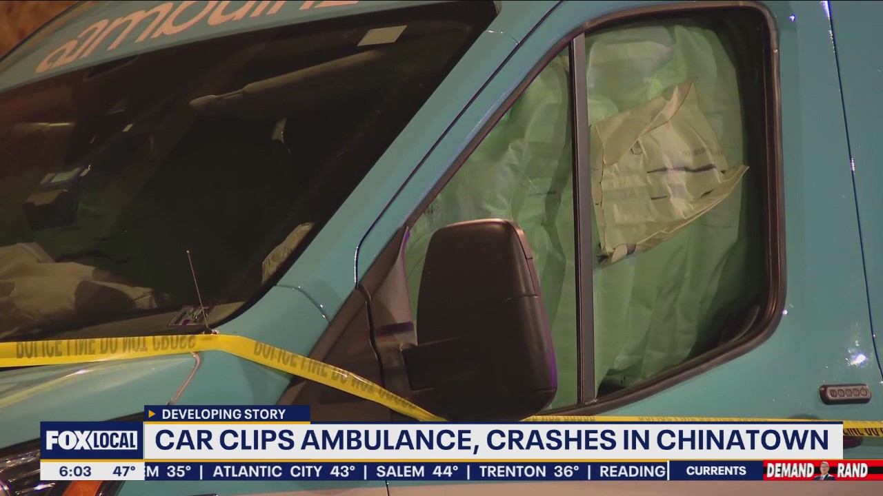 Stolen car hits ambulance, slams into building in Philadelphia