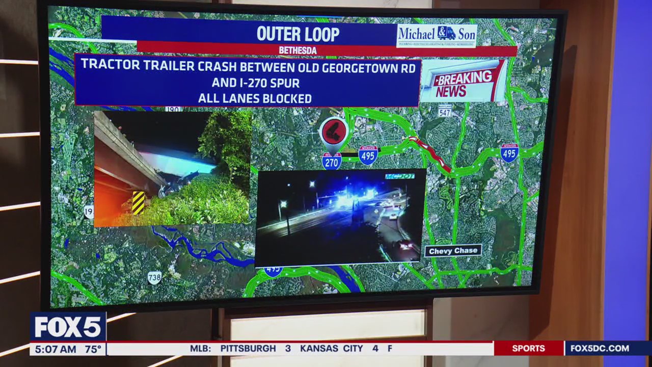 Tractor-trailer dangling off overpass after I-495 crash