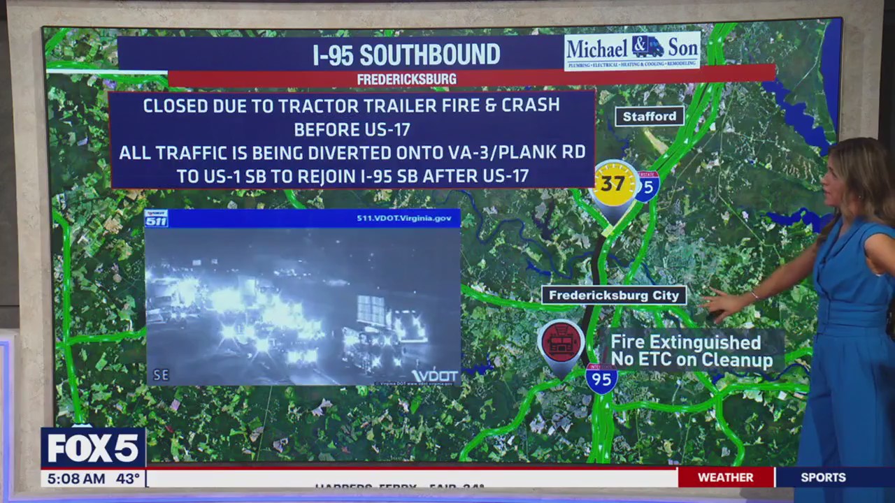 Tractor-trailer fire caused delays on I-95 in Fredericksburg