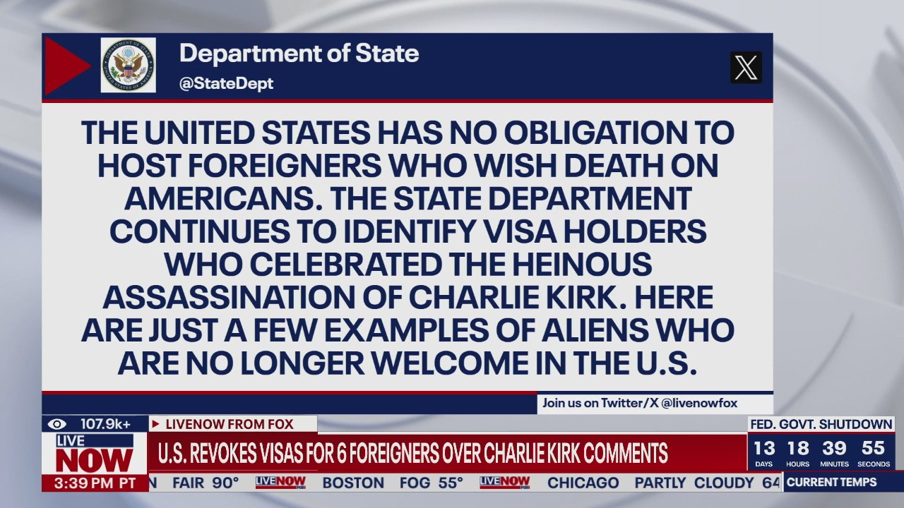 US revokes visas for 6 foreigners over Kirk comments