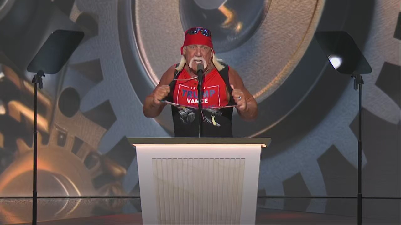 Hulk Hogan 'hulks up' at 2024 RNC for Trump