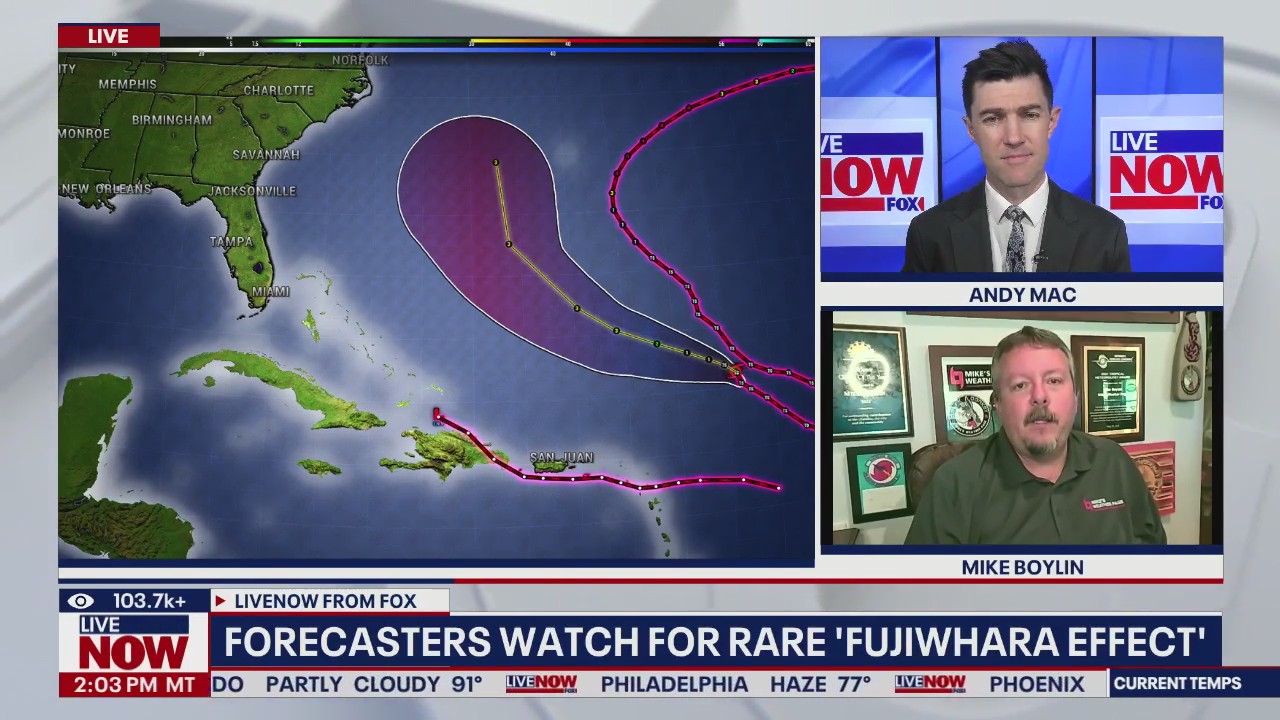 Hurricane experts watch for rare 'Fujiwhara effect'